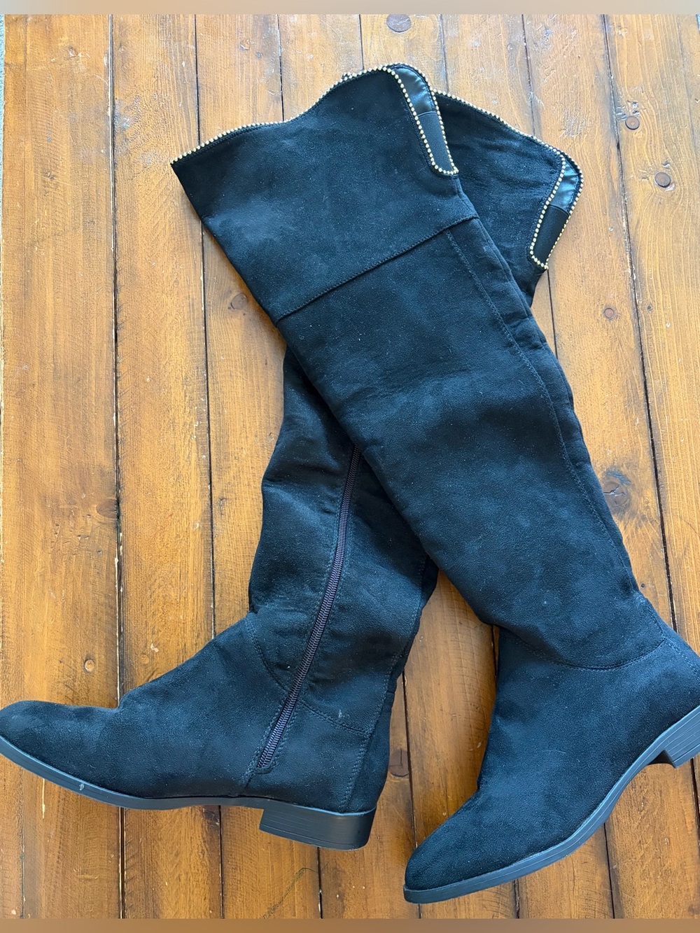 XOXO Tristen Black Over-the-Knee Faux Suede Boots with Gold Bead Trim